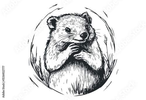 Adorable sketch of a playful otter in natural habitat with whiskers and paws. Vector retro hand drawn illustration