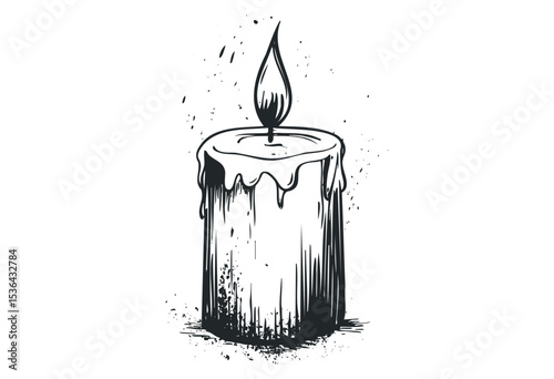 Hand-drawn melting candle with flame in monochrome sketch style. Vector retro hand drawn illustration