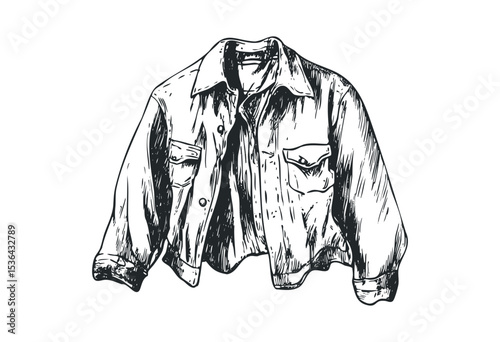 Hand-drawn denim jacket sketch with pockets and buttons. Vector retro hand drawn illustration