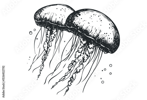 Detailed ink sketch of two jellyfish with flowing tentacles. Vector retro hand drawn illustration