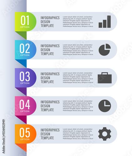 Vertical infographic template for business presentations. Five steps or processes with icons and space for data