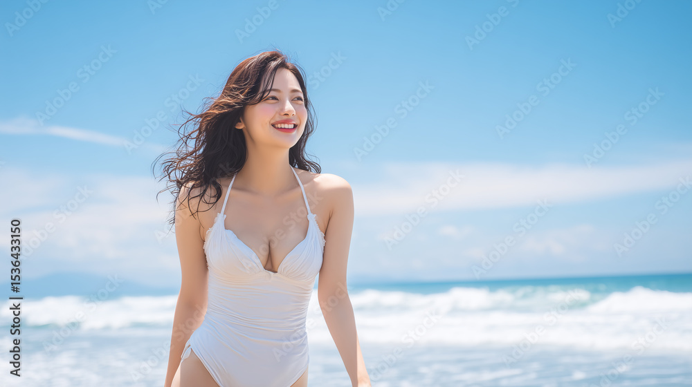 Smiling Woman in White Swimsuit Enjoying Sunny Day at the Beach
Smiling Woman in White Swimsuit Enjoying Sunny Day at the Beach