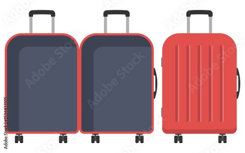 Minimalist flat illustration showing an open and closed suitcase, perfect for travel, tourism, or vacation-themed content. ideal for websites, ads, and social media focused on tourism.
