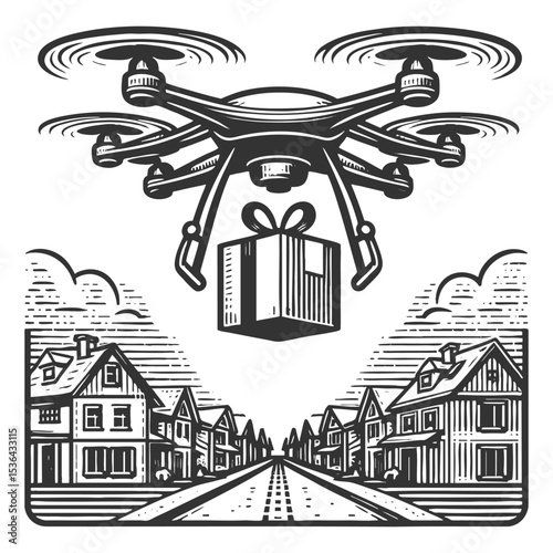 drone flying above suburban houses while delivering a package, symbolizing modern logistics sketch engraving generative ai vector illustration. Scratch board imitation. Black and white image.