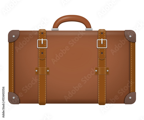 Realistic vector illustration of a vintage brown leather suitcase with belts and stitching. Isolated on white background. Ideal for travel, nostalgia, or retro-themed designs.