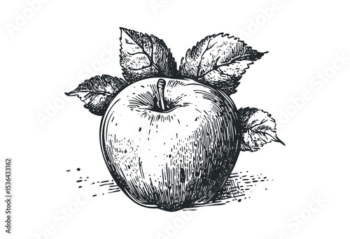 Detailed sketch of an apple with leaves in vintage style. Vector retro hand drawn illustration