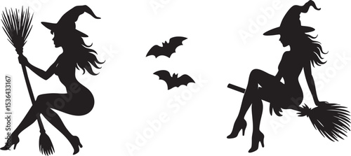 Witch Flying Broom Silhouette - Halloween & Bat Stencil Art
