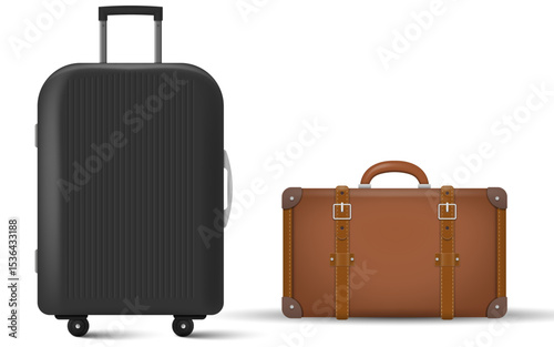 Realistic vector illustration of a modern black suitcase with wheels next to a vintage brown leather suitcase. Isolated on white background. Concept of travel evolution and style contrast.