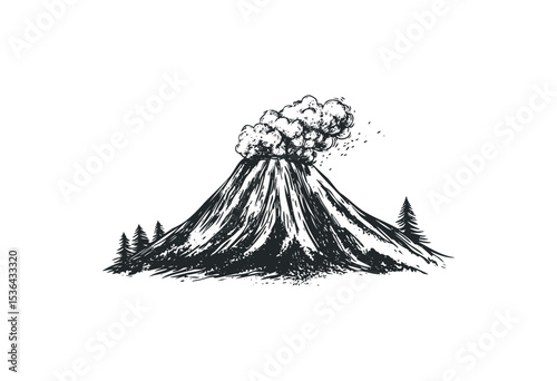 Erupting volcano with smoke and trees in detailed sketch. Vector retro hand drawn illustration