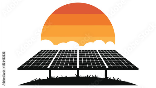 Vector Silhouette of solar panels with sunset background/A simple, stylized silhouette of solar panels situated on a grassy area, with a vibrant sunset in the background.