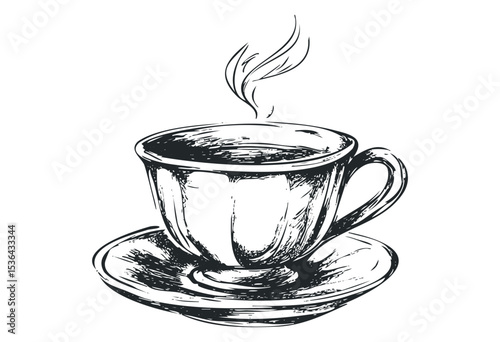 Hand-drawn sketch of a steaming coffee cup on a saucer. Vector retro hand drawn illustration