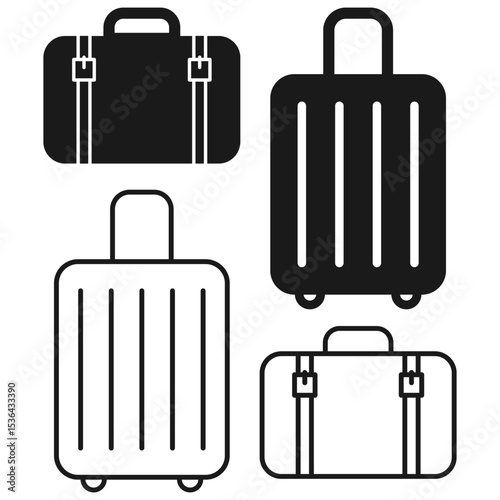 Set of minimalistic black and white icons representing different types of suitcases and travel bags. Travel luggage icon set. Suitcase vector illustration. Black and white travel icons. Minimal bag