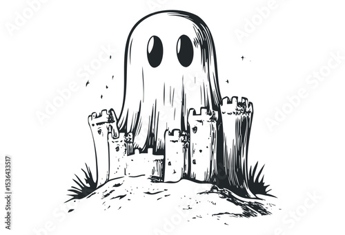 Ghost overlooking castle ruins in monochrome line art with stars. Vector retro hand drawn illustration
