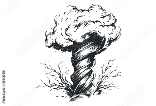 Powerful tornado emerging from ground with debris and wind swirls. Vector retro hand drawn illustration