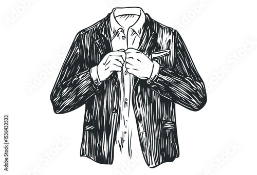 Illustration of a headless figure buttoning a suit jacket and shirt. Vector retro hand drawn illustration