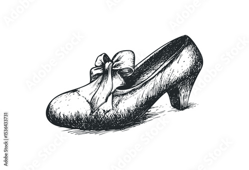 Elegant vintage high heel shoe with ribbon bow in black and white drawing. Vector retro hand drawn illustration