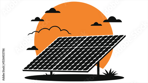 Silhouette illustration of a solar panel on a sunny day./A stylized, graphic illustration of a solar panel against a backdrop of an orange sun and clouds.