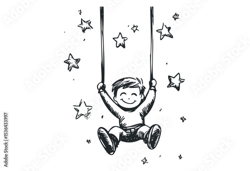 Happy child swinging among stars in playful illustration. Vector retro hand drawn illustration