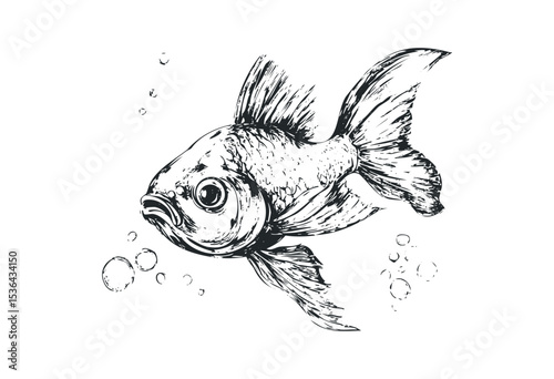 Detailed ink drawing of a goldfish with bubbles surrounding it. Vector retro hand drawn illustration