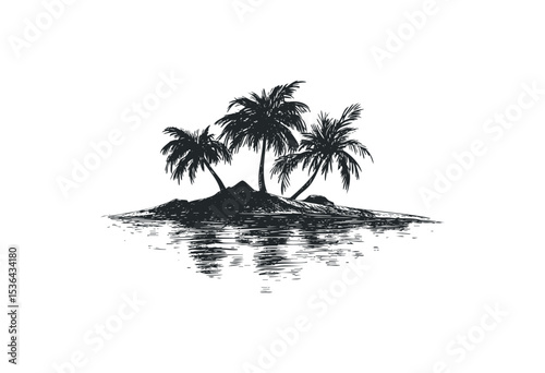 Tropical island with palm trees and reflections in minimalist design. Vector retro hand drawn illustration