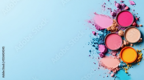 An artistic arrangement of colorful makeup powders displays vibrant hues spread across a light blue background, highlighting the creativity and expression found in cosmetics.