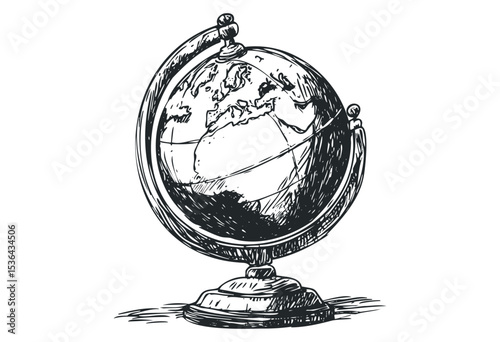 Hand-drawn globe illustration with europe and africa details. Vector retro hand drawn illustration