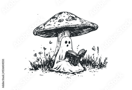Whimsical ghost reading beneath a mushroom in black and white drawing. Vector retro hand drawn illustration
