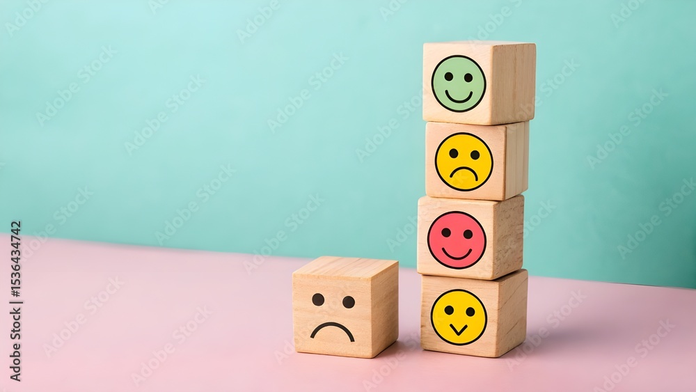 Obraz premium Reflecting on feelings Wooden blocks displaying a range of emotions from joy to sadness in ascending order on soft