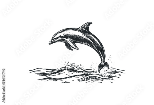 Sketch of dolphin jumping over waves: elegant marine life illustration in motion. Vector retro hand drawn illustration