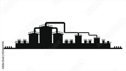 (Water Treatment Plants)Industrial Plant Vector Silhouette Against a Light Background/A simple, clean silhouette of an industrial plant, featuring various storage tanks and pipes.