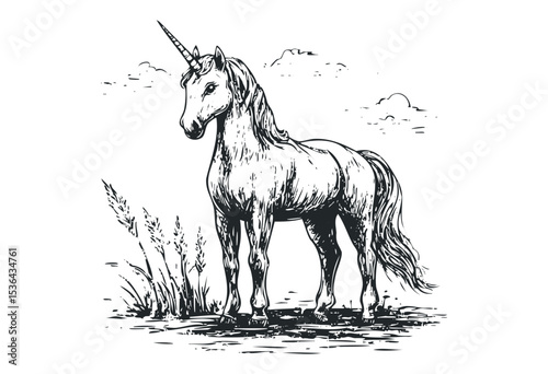 Elegant sketch of a majestic unicorn in a serene pose. Vector retro hand drawn illustration