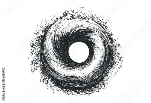 Intricate swirling black and white vortex design with abstract artistic elements. Vector retro hand drawn illustration