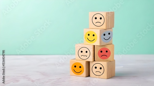 Navigating the spectrum of human emotions a stack of wooden blocks with varied facial expressions under soft lighting