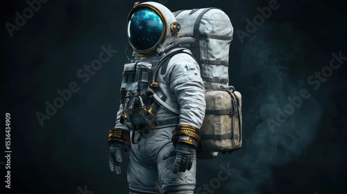 A lone astronaut stands in a dark, foggy space, wearing a white spacesuit with a blue and orange helmet, carrying a backpack with a view of the Earth's horizon.