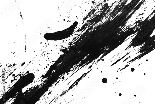 Abstract Chinese ink texture with brush strokes and splashes on white background, smudged lines creating mystery, ideal for creative advertising designs and web banners. 