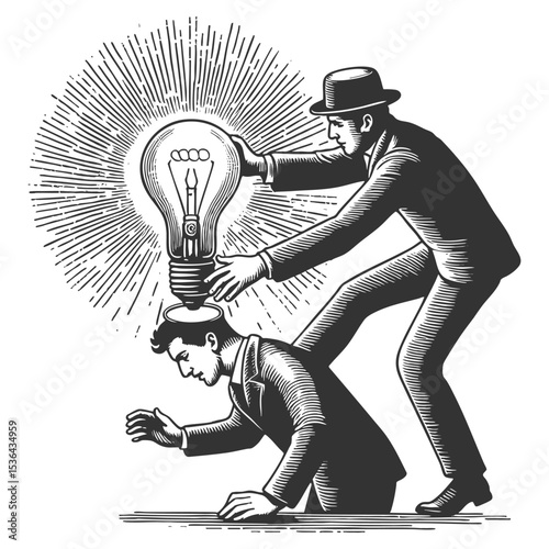 idea theft, inspiration, or manipulation sketch engraving generative ai fictional character vector illustration. Scratch board imitation. Black and white image.