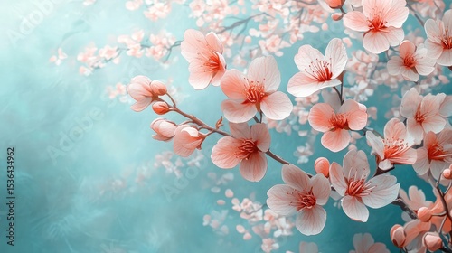 A branch with light pink blossoms against a soft turquoise background in a dreamy aesthetic style