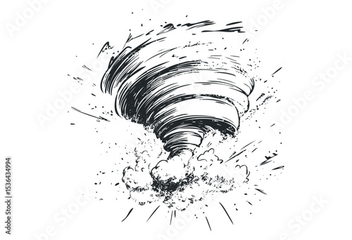 Abstract tornado swirl in dynamic black and white ink style. Vector retro hand drawn illustration
