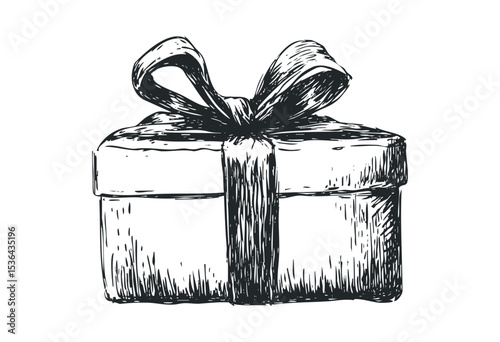 Hand-drawn gift box with ribbon illustration. Vector retro hand drawn illustration