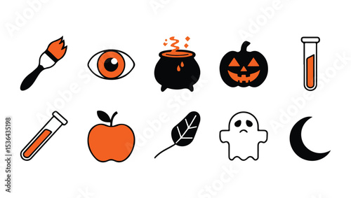 A set of 9 Halloween-themed icons, each with a simple, flat design style, featuring a black outline and a bold, solid orange fill. 