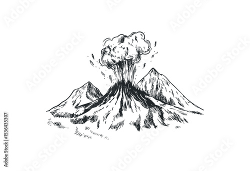 Erupting volcano sketch with ash cloud and mountains. Vector retro hand drawn illustration