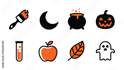 A set of 9 Halloween-themed icons, each with a simple, flat design style, featuring a black outline and a bold, solid orange fill. 
