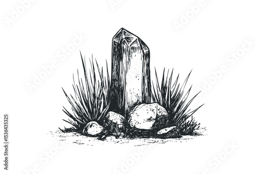 Black and white illustrated crystal with rocky and plant surroundings. Vector retro hand drawn illustration