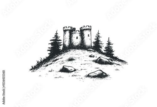 Medieval stone castle on hilltop with trees and rocks. Vector retro hand drawn illustration