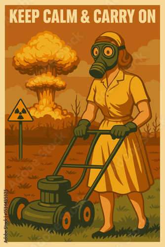 Woman in a gas mask mowing lawn with nuclear explosion background - Concept of International Day for the Total Elimination of Nuclear Weapons  