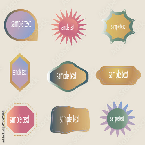 A modern set of vector badges, labels, and ribbons featuring fluid gradients and minimalist designs for promotions.
