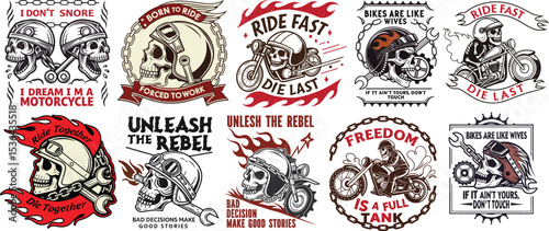 Grunge-style biker white T-shirt designs set a skull in a motorcycle helmet, crossed pistons, wings, flames, smoke, and a distressed PNG. Include elements like engine parts and rebel
