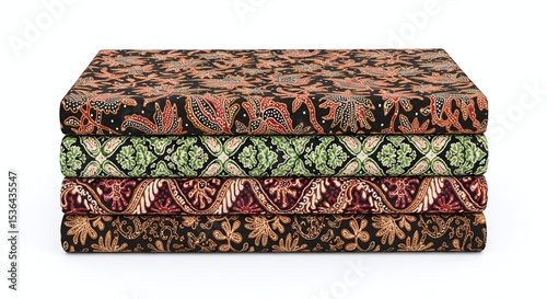 Stack of Indonesian batik fabrics with different patterns, isolated on white background. Generative AI
