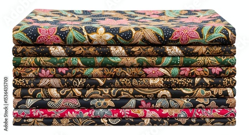 Stack of Indonesian batik fabrics with different patterns, isolated on white background. Generative AI