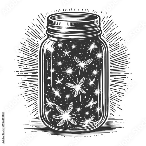 glowing fireflies inside a mason jar surrounded by leaves, with stars twinkling in the night sky sketch engraving generative ai vector illustration. Scratch board imitation. Black and white image.